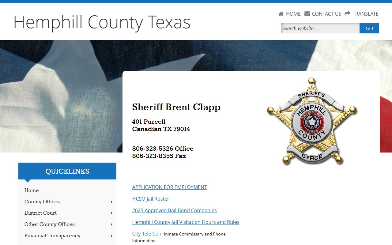 Hemphill County inmate records sheriff page with jail roster links